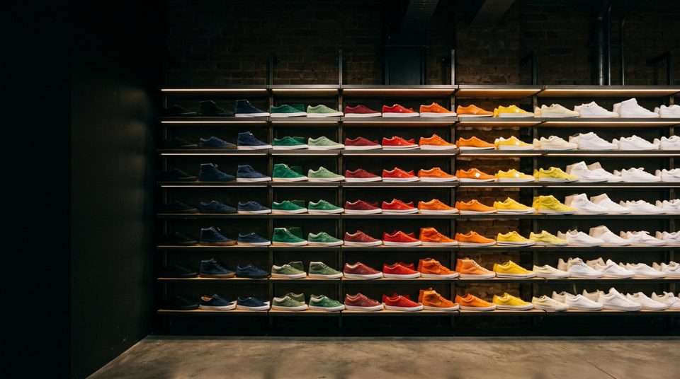 A wall of cleaned second-hand sneakers sorted by colour